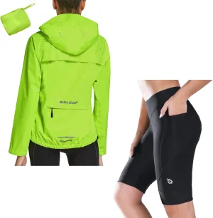 baleaf Womens Rain Jackets with Cycling Padded Bike Shorts, Green, Size Medium