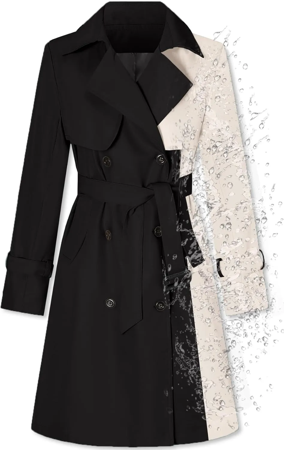 Betusline Women's Long Double-Breasted Waterproof Trench Coat with Belt