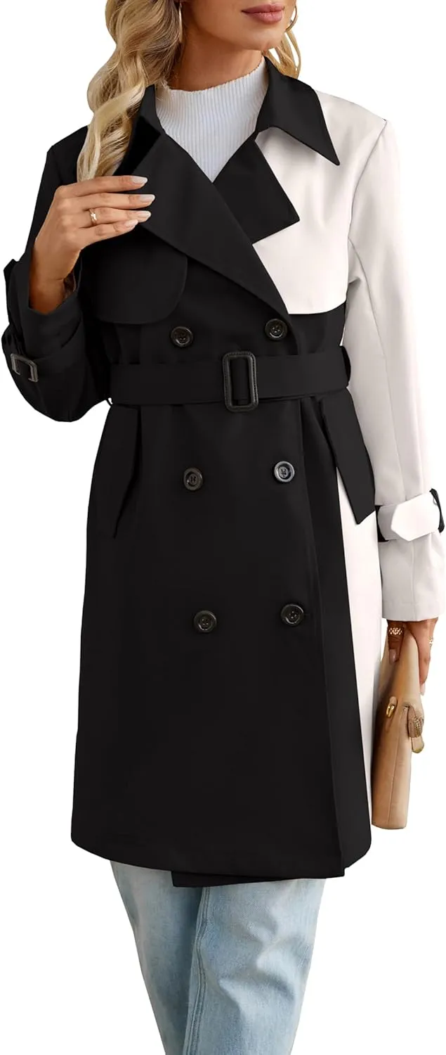 Betusline Women's Long Double-Breasted Waterproof Trench Coat with Belt