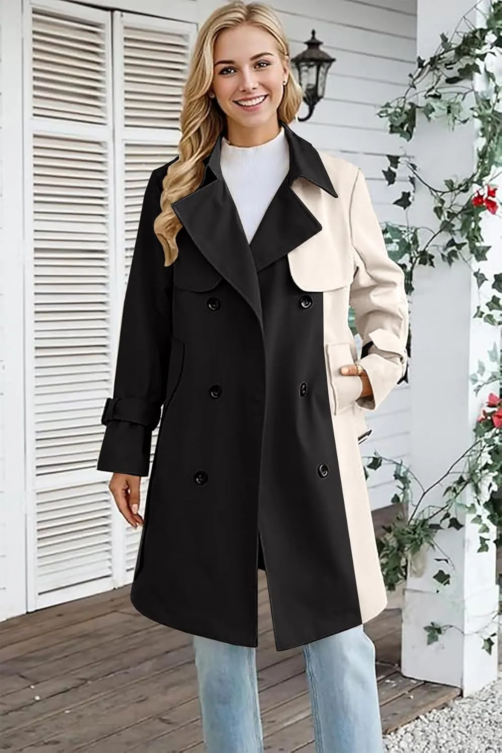 Betusline Women's Long Double-Breasted Waterproof Trench Coat with Belt
