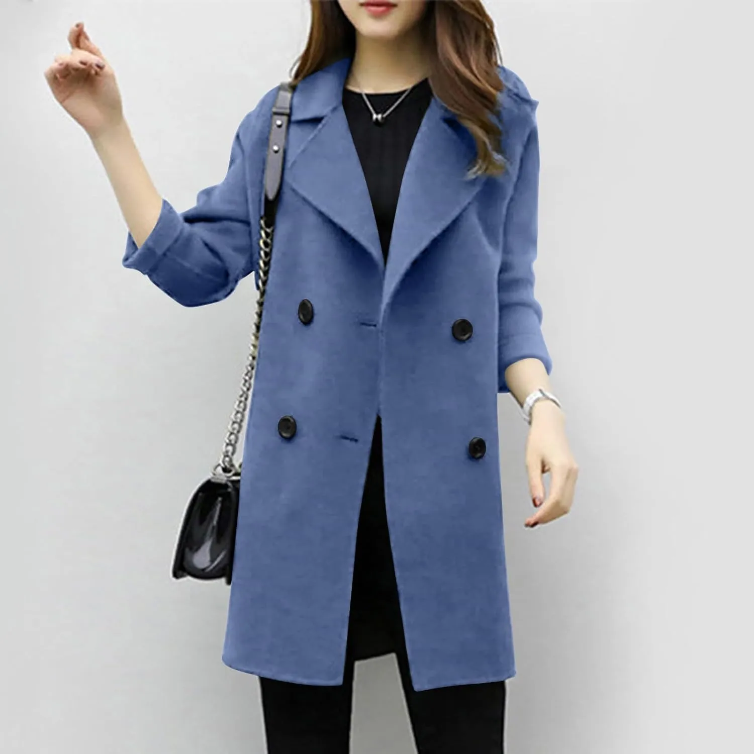 BOXIACEY Pea Coats for Women Wool Blend Winter Coat Double Breasted Trench Coat Elegant Lapel Collar Long Trench Coat