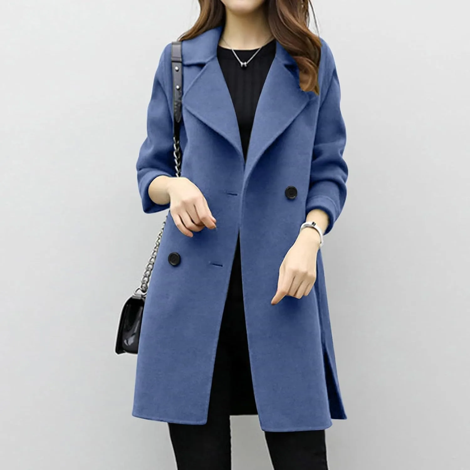 BOXIACEY Pea Coats for Women Wool Blend Winter Coat Double Breasted Trench Coat Elegant Lapel Collar Long Trench Coat
