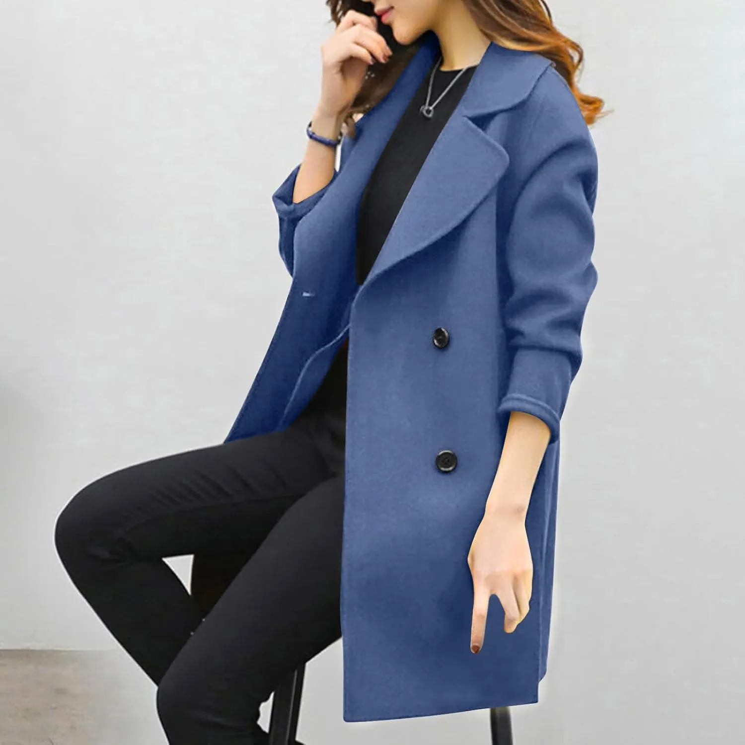 BOXIACEY Pea Coats for Women Wool Blend Winter Coat Double Breasted Trench Coat Elegant Lapel Collar Long Trench Coat