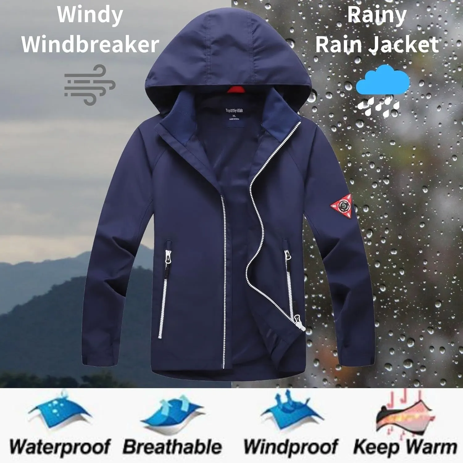 Boys Girls Waterproof Jackets, Windbreaker Rain Coats for children, Lightweight Windproof Outdoor Raincoat kids