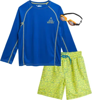 Boys' Rash Guard Set - 3 Piece UPF 50  Rash Guard Swim Shirt, Bathing Suit, Goggles - Swimwear for Boys (5-14)