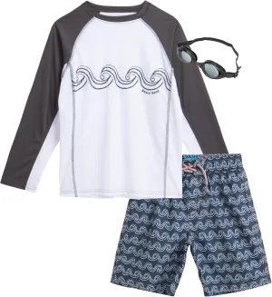 Boys' Rash Guard Set - 3 Piece UPF 50  Rash Guard Swim Shirt, Bathing Suit, Goggles - Swimwear for Boys (5-14)