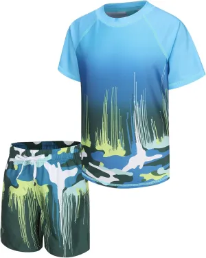 Boys Rash Guard Set for Kids Boys 2 Piece Short Sleeve Swim Shirts with Trunks Quick Dry Bathing Suits Swim Set