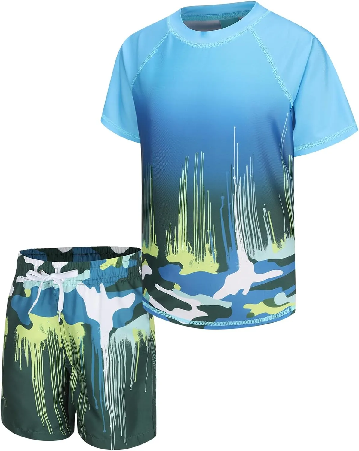 Boys Rash Guard Set for Kids Boys 2 Piece Short Sleeve Swim Shirts with Trunks Quick Dry Bathing Suits Swim Set