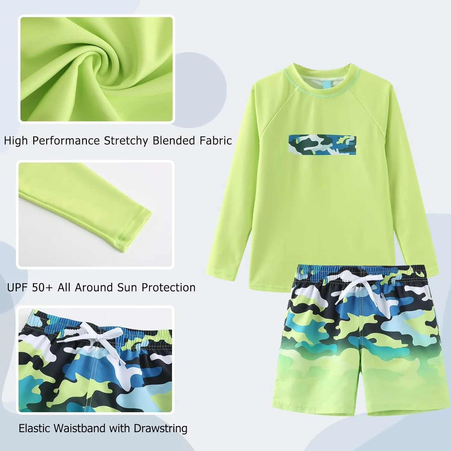 Boys Two Piece Rash Guard Swimsuits Set with Swim Trunk Kids Long Sleeve Bathing Suit Swimwear Set