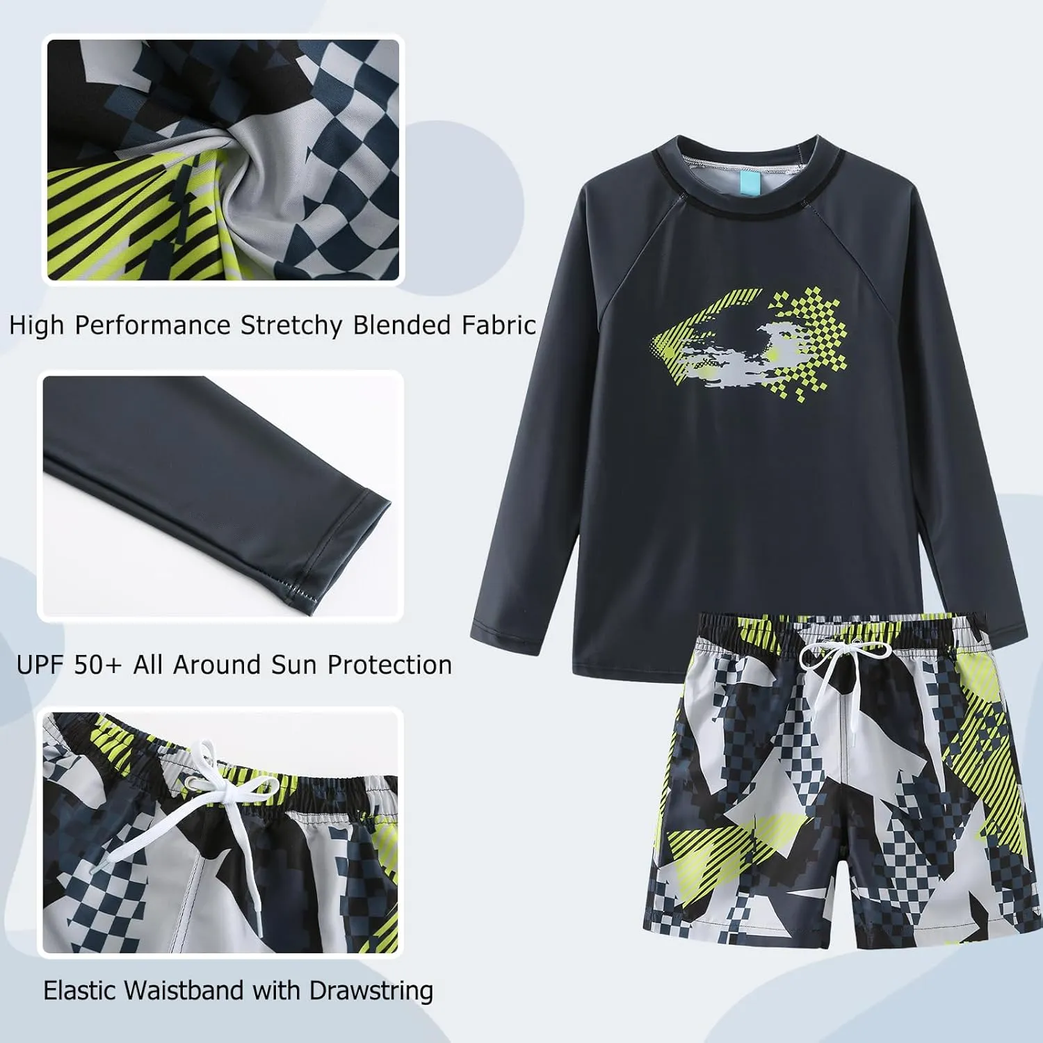 Boys Two Piece Rash Guard Swimsuits Set with Swim Trunk Kids Long Sleeve Bathing Suit Swimwear Set