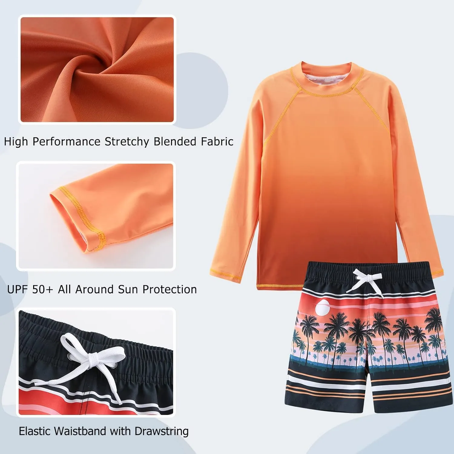 Boys Two Piece Rash Guard Swimsuits Set with Swim Trunk Kids Long Sleeve Bathing Suit Swimwear Set