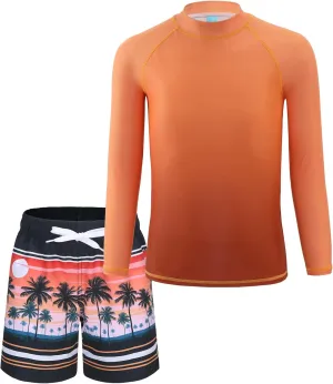 Boys Two Piece Rash Guard Swimsuits Set with Swim Trunk Kids Long Sleeve Bathing Suit Swimwear Set