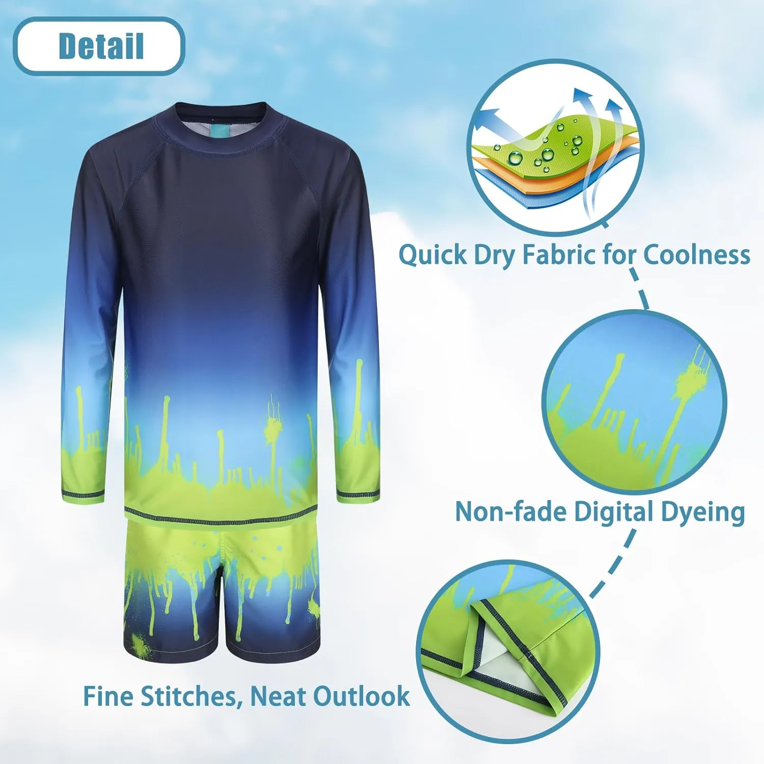 Boys Two Piece Rash guard Swimsuits Set with Swim Trunk Kids Long Sleeve Bathing Suit Swimwear Set