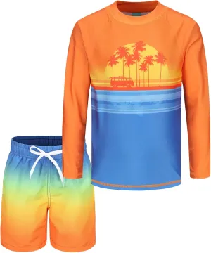 Boys Two Piece Rash Guard Swimsuits Set with Swim Trunk Kids Long Sleeve Bathing Suit Swimwear Set