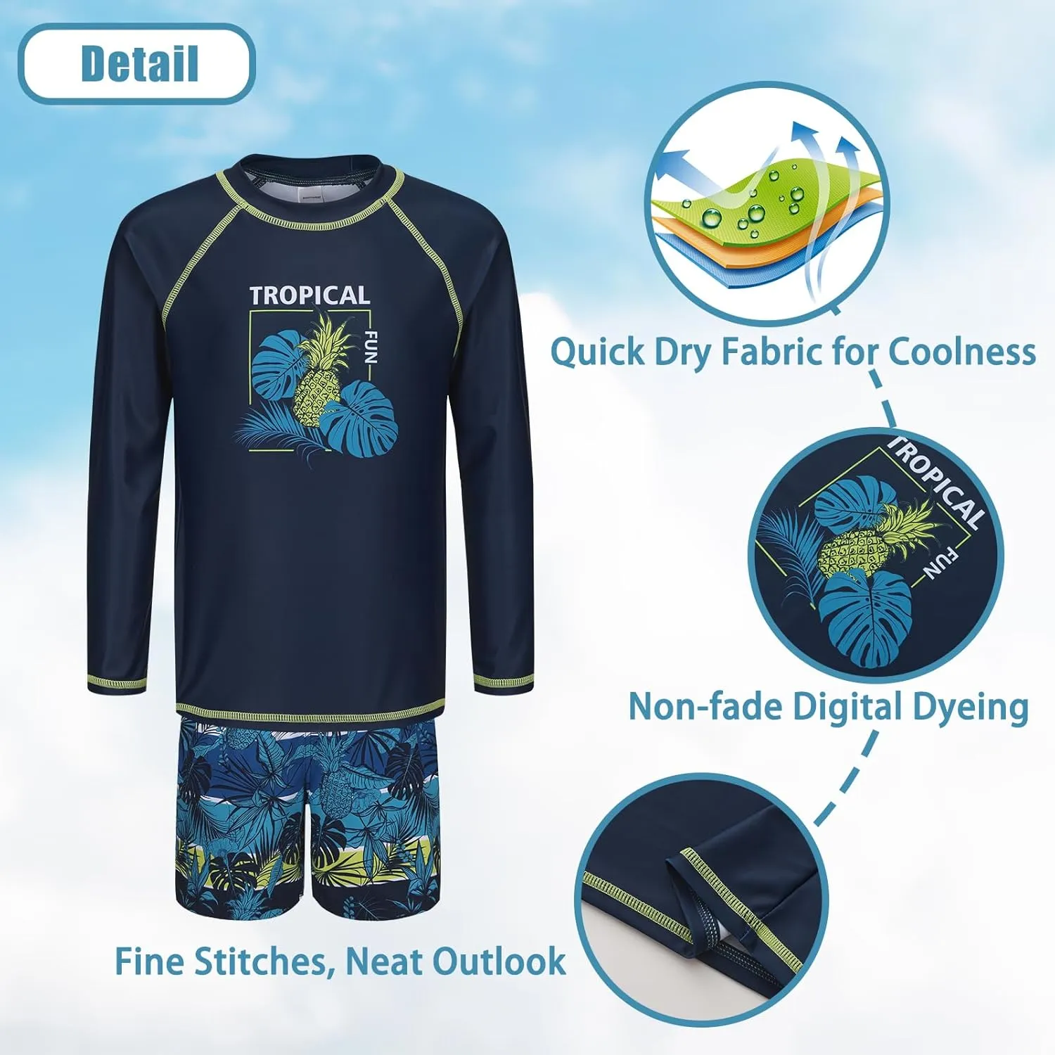 Boys Two Piece Rash guard Swimsuits Set with Swim Trunk Kids Long Sleeve Bathing Suit Swimwear Set