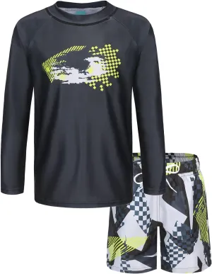 Boys Two Piece Rash Guard Swimsuits Set with Swim Trunk Kids Long Sleeve Bathing Suit Swimwear Set