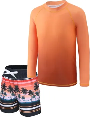 Boys Two Piece Rash guard Swimsuits Set with Swim Trunk Kids Long Sleeve Bathing Suit Swimwear Set