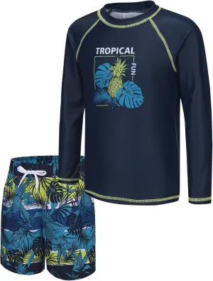Boys Two Piece Rash guard Swimsuits Set with Swim Trunk Kids Long Sleeve Bathing Suit Swimwear Set