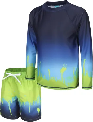 Boys Two Piece Rash guard Swimsuits Set with Swim Trunk Kids Long Sleeve Bathing Suit Swimwear Set