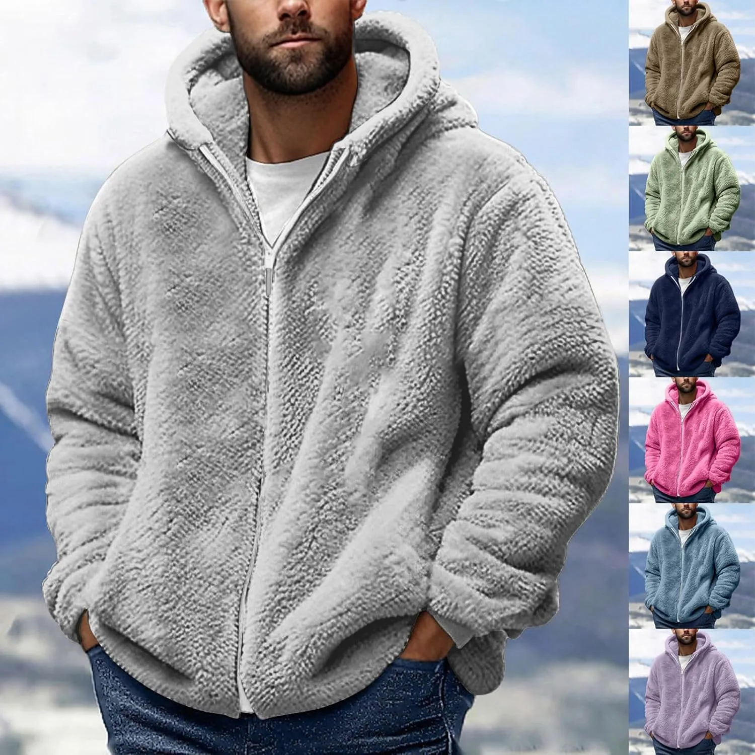 Cambkatl Men's Fuzzy Sherpa Hoodie Jacket Athletic Fleece Long Sleeve Loose Soft Zip Up Hooded Sweatshirt Sports Coat
