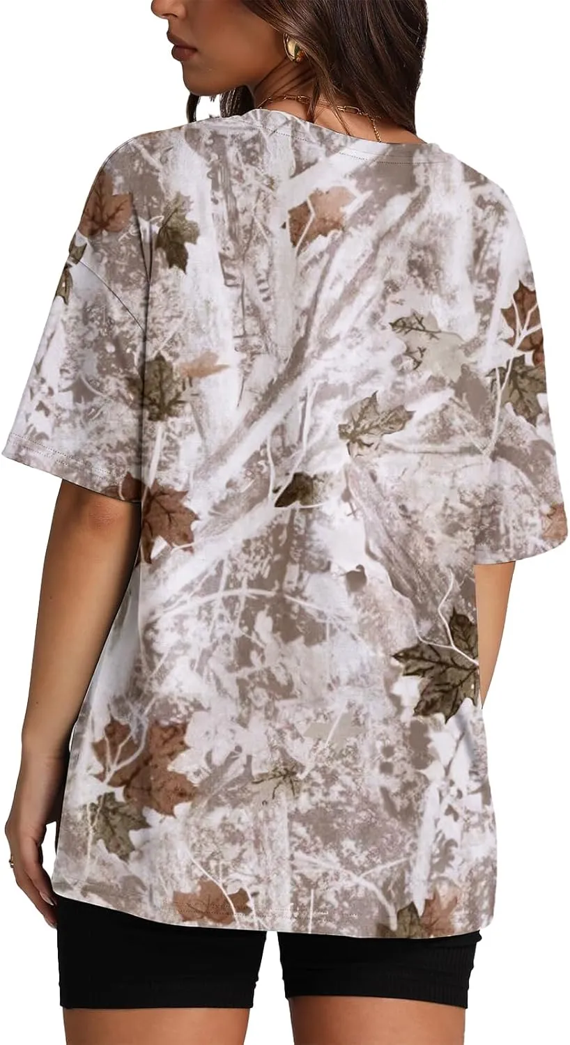 Camo Shirts for Women Oversized Maple Leaf Print Tee Summer Trendy Crewneck Short Sleeve Pullover Tops