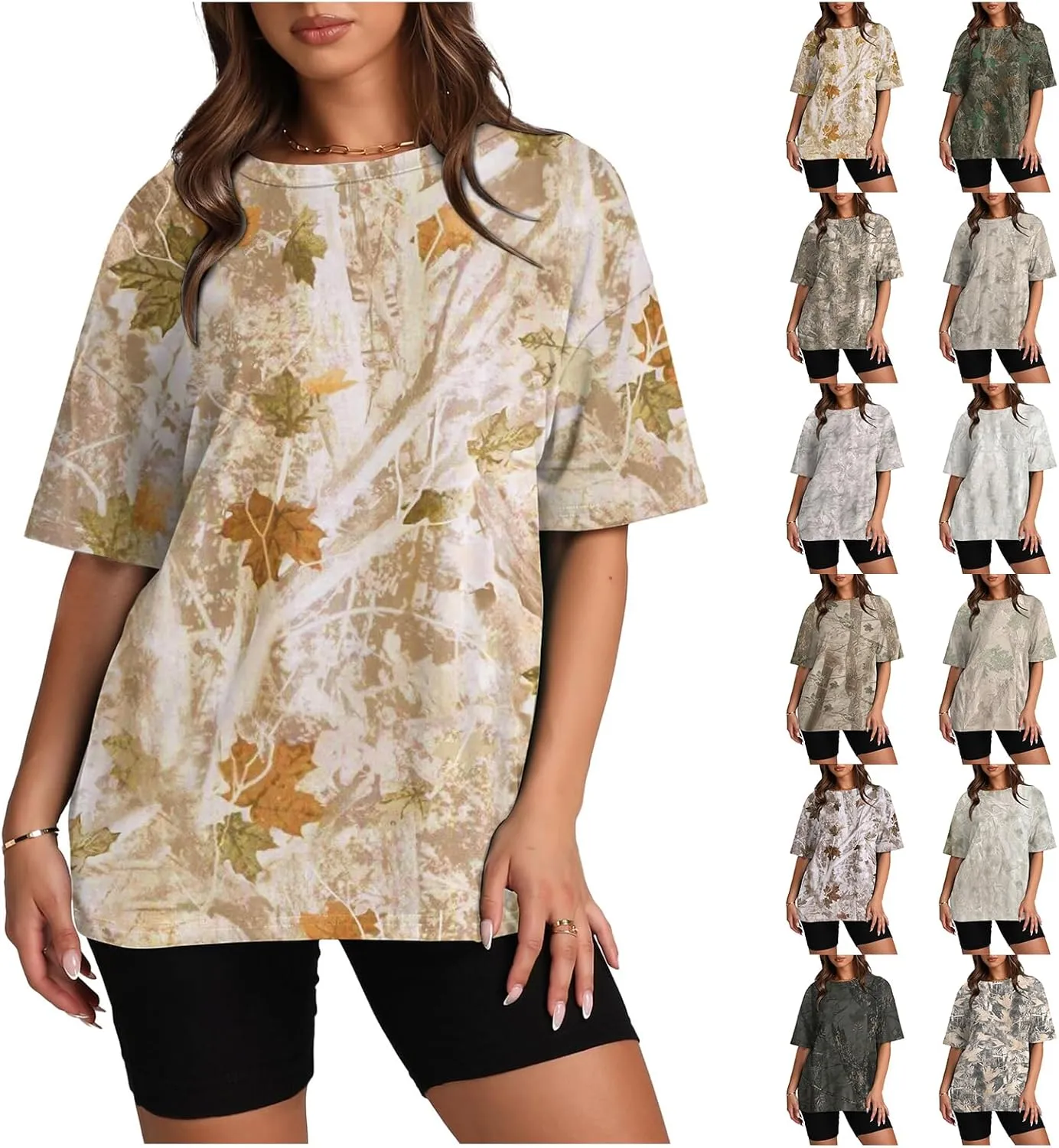 Camo Shirts for Women Oversized Maple Leaf Print Tee Summer Trendy Crewneck Short Sleeve Pullover Tops