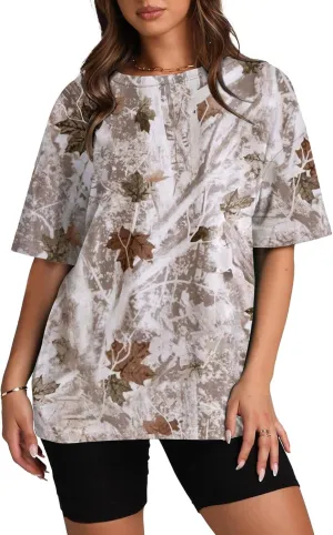 Camo Shirts for Women Oversized Maple Leaf Print Tee Summer Trendy Crewneck Short Sleeve Pullover Tops