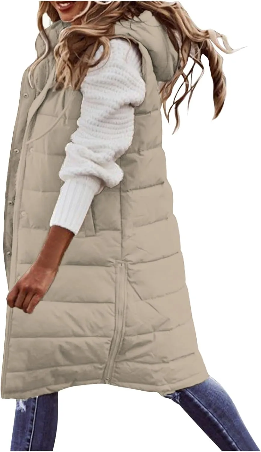 Canbebig Women's Long Quilted Puffer Vest Hooded Sleeveless Zip Up Puffy Jacket Winter Warm Thicken Down Coat Windbreakers