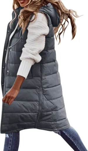 Canbebig Women's Long Quilted Puffer Vest Hooded Sleeveless Zip Up Puffy Jacket Winter Warm Thicken Down Coat Windbreakers