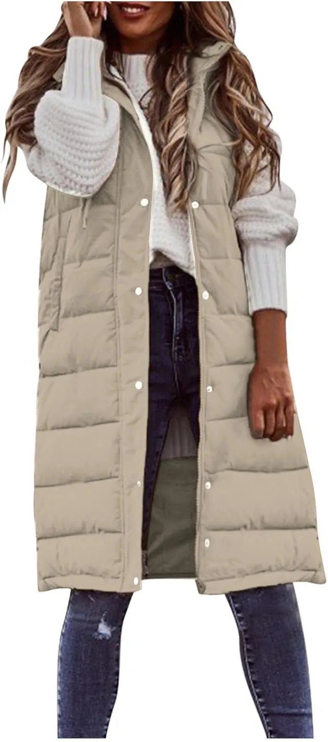 Canbebig Women's Long Quilted Puffer Vest Hooded Sleeveless Zip Up Puffy Jacket Winter Warm Thicken Down Coat Windbreakers