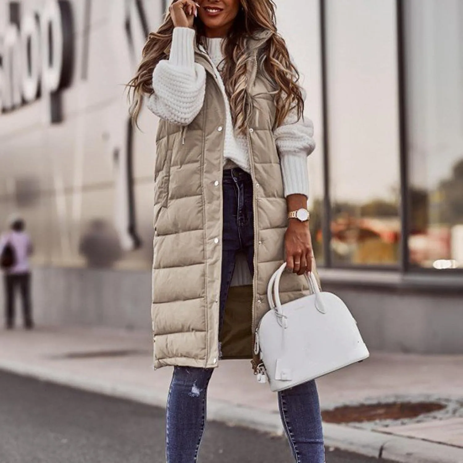 Canbebig Women's Long Quilted Puffer Vest Hooded Sleeveless Zip Up Puffy Jacket Winter Warm Thicken Down Coat Windbreakers