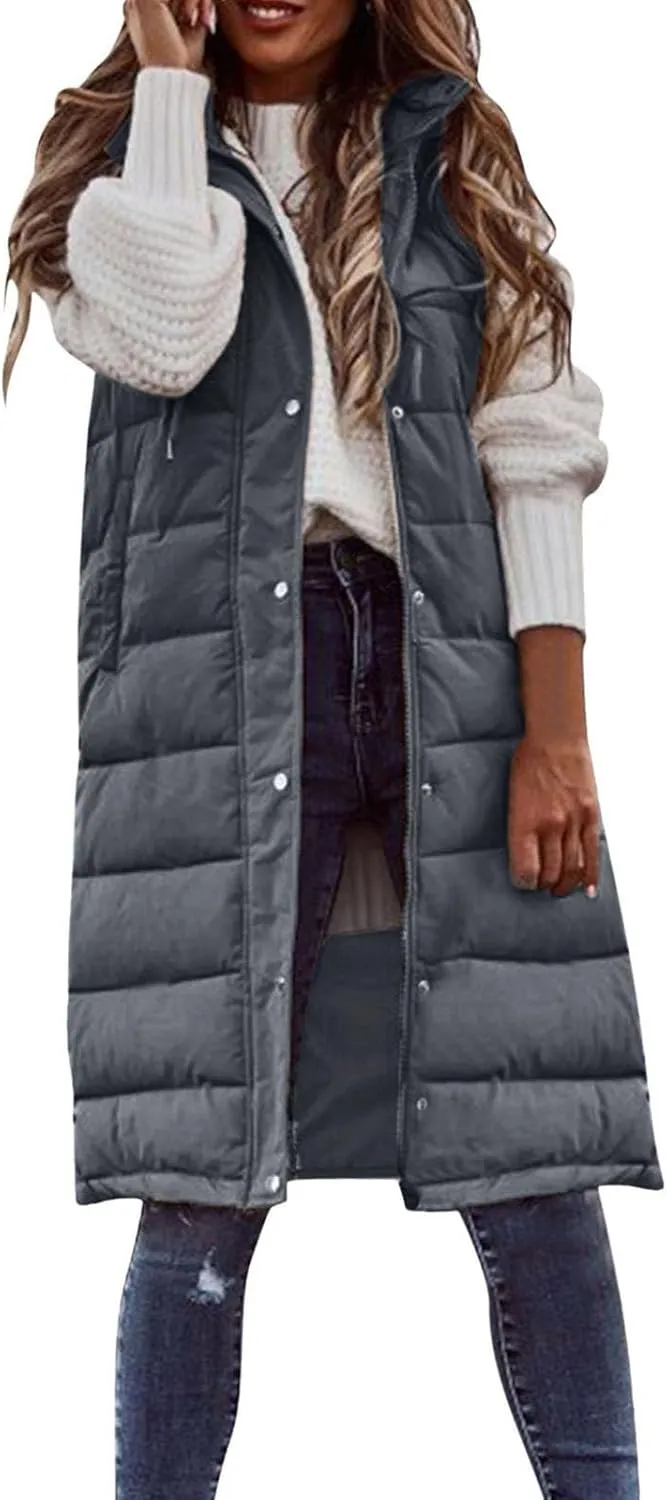 Canbebig Women's Long Quilted Puffer Vest Hooded Sleeveless Zip Up Puffy Jacket Winter Warm Thicken Down Coat Windbreakers