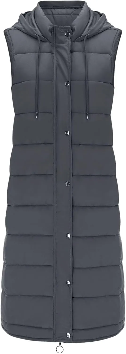 Canbebig Women's Long Quilted Puffer Vest Hooded Sleeveless Zip Up Puffy Jacket Winter Warm Thicken Down Coat Windbreakers