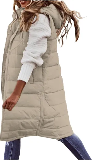 Canbebig Women's Long Quilted Puffer Vest Hooded Sleeveless Zip Up Puffy Jacket Winter Warm Thicken Down Coat Windbreakers