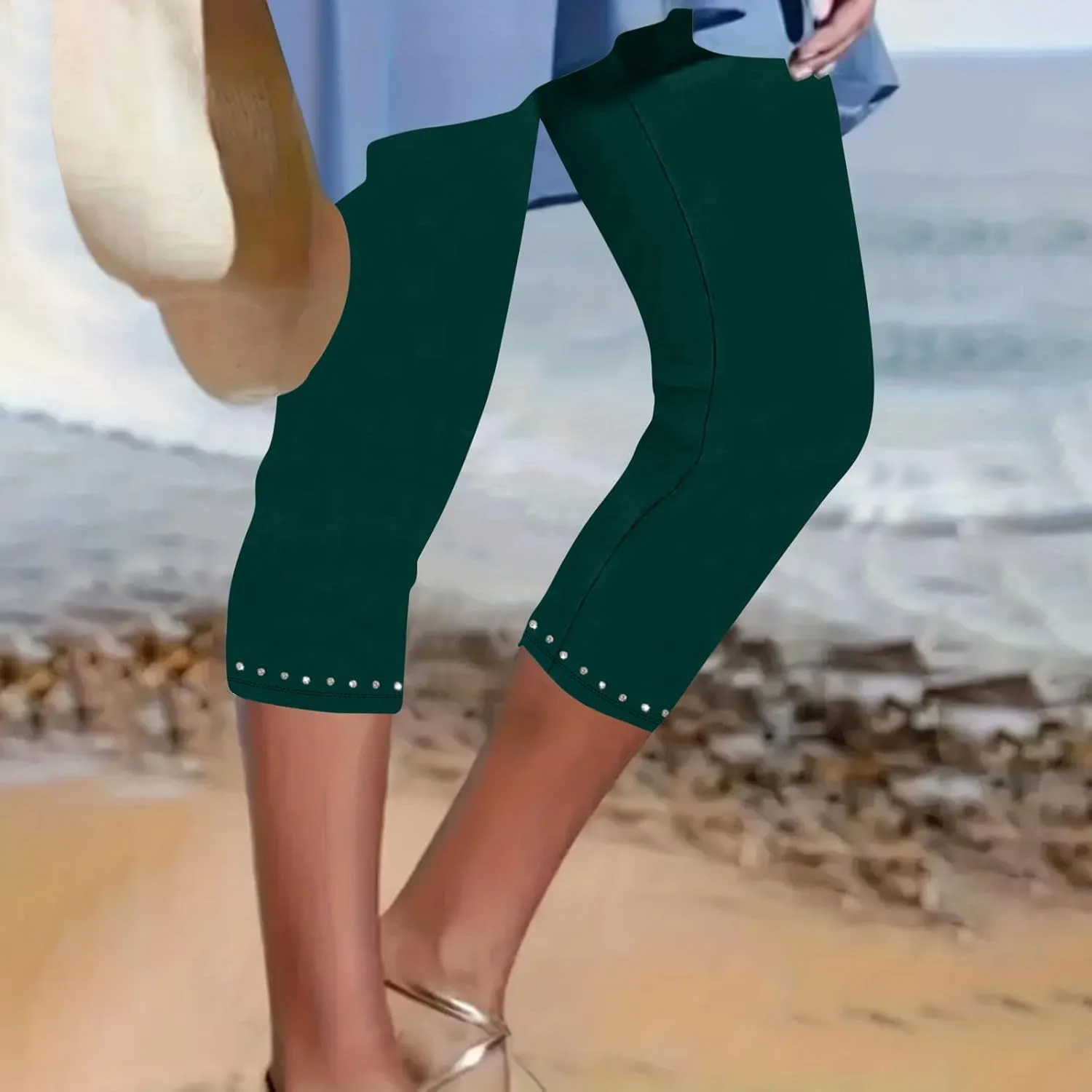 Capri Leggings for Women Plus Size High Waisted Capris Rhinestone Hem Yoga Cropped Trousers 2025 Summer Gym Pants