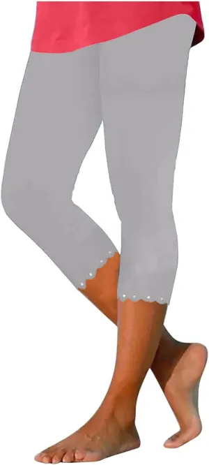 Capri Leggings for Women Plus Size High Waisted Capris Rhinestone Hem Yoga Cropped Trousers 2025 Summer Gym Pants