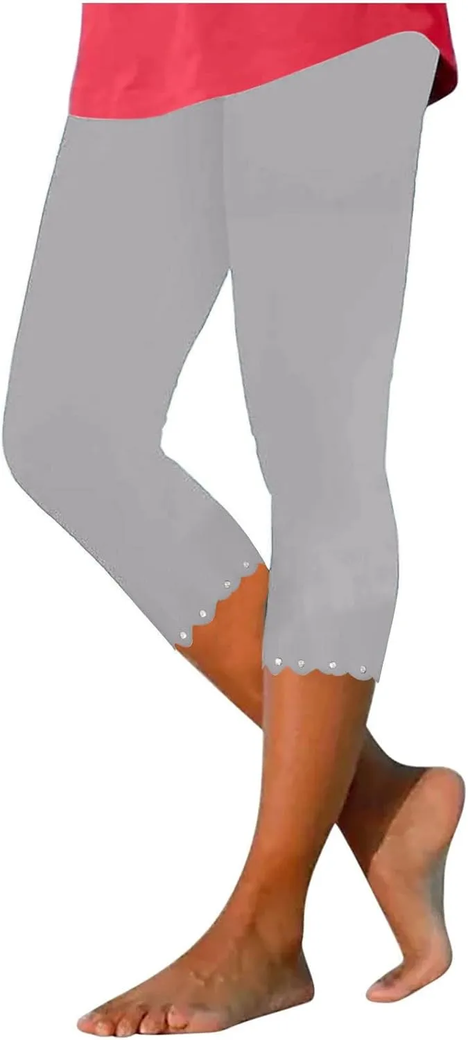 Capri Leggings for Women Plus Size High Waisted Capris Rhinestone Hem Yoga Cropped Trousers 2025 Summer Gym Pants