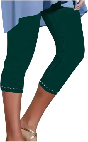 Capri Leggings for Women Plus Size High Waisted Capris Rhinestone Hem Yoga Cropped Trousers 2025 Summer Gym Pants