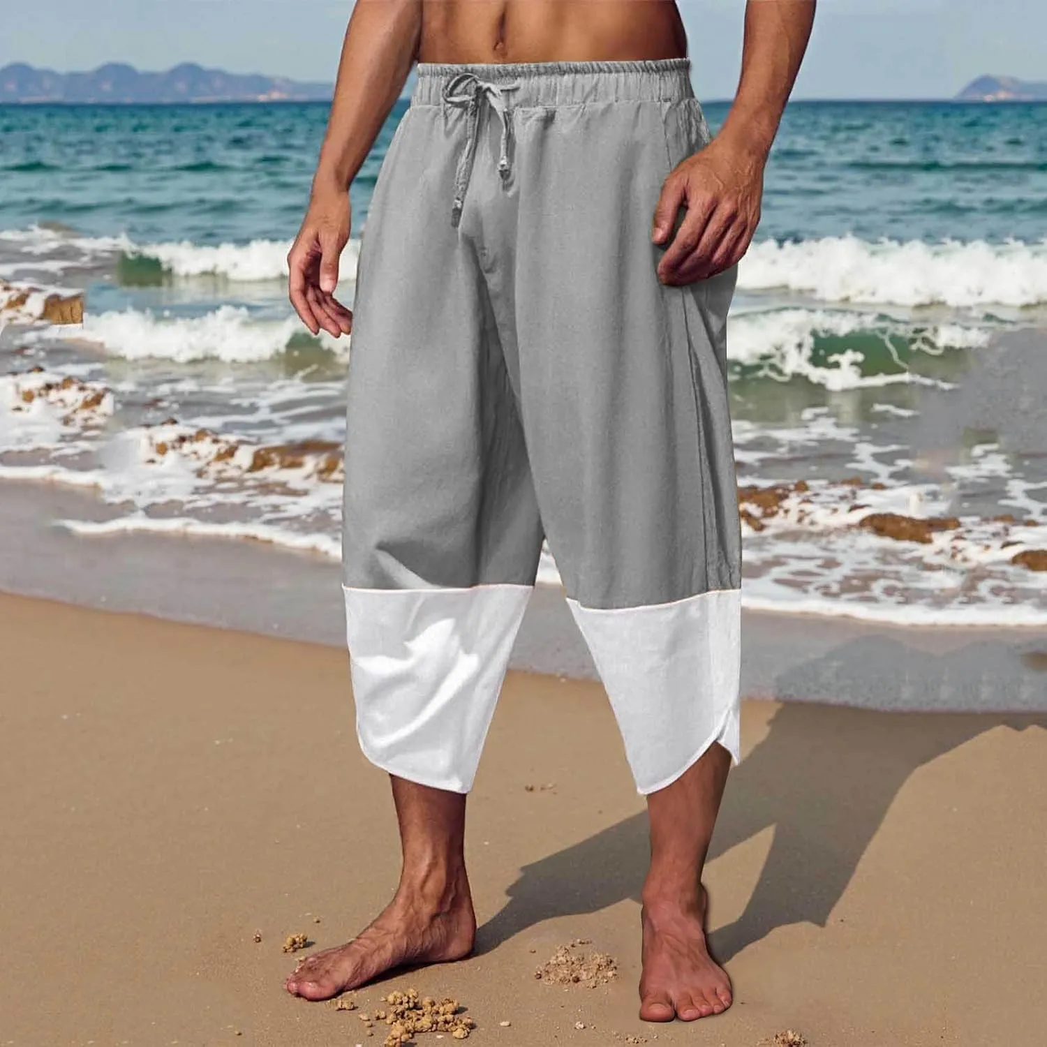 Capri Pants for Men Capri Quick Dry 3/4 Length Pants Drawstring Elastic Waist Casual Beach Boho Yoga Trousers