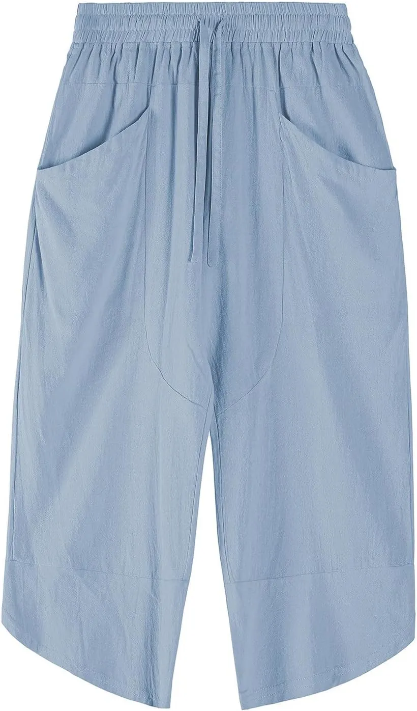 Capri Pants for Men Linen Casual Lightweight 3/4 Trousers Drawstring Elastic Waist Beach Yoga Pants with Pockets