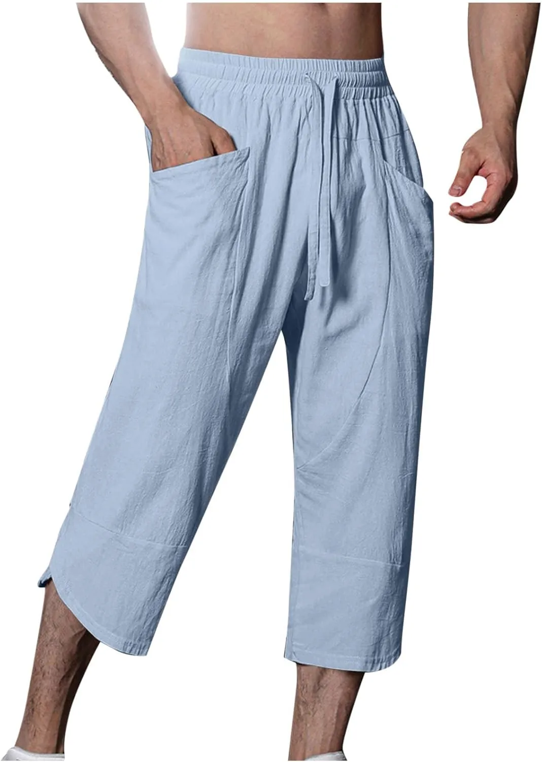 Capri Pants for Men Linen Casual Lightweight 3/4 Trousers Drawstring Elastic Waist Beach Yoga Pants with Pockets