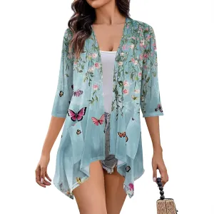 Cardigans for Women 3/4 Sleeve Open Front Summer Cardigan Ruffle Draped Floral Print Cover Up Casual Kimono Ruched Top