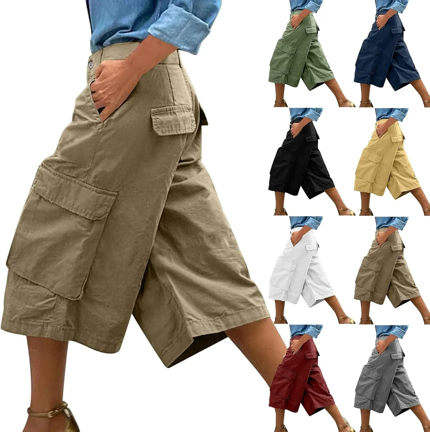 Cargo Capris for Women Stretch Wide Leg Hiking Pants Lightweight Quick Dry Baggy Cargo Pants with Pockets