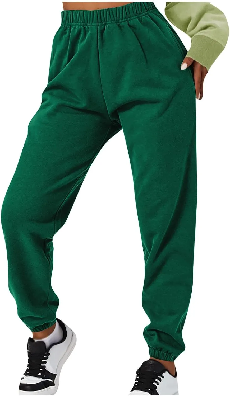 Cargo Sweat Pants Women Pockets Solid Color Straight Athletic Fleece Bottom Elastic Waisted Workout Baggy Sweatpant