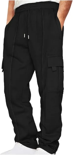 Cargo Sweatpants for Men Elastic Waist Pants with Multi Pockets Baggy Drawstring Jogger Pants Solid Workwear
