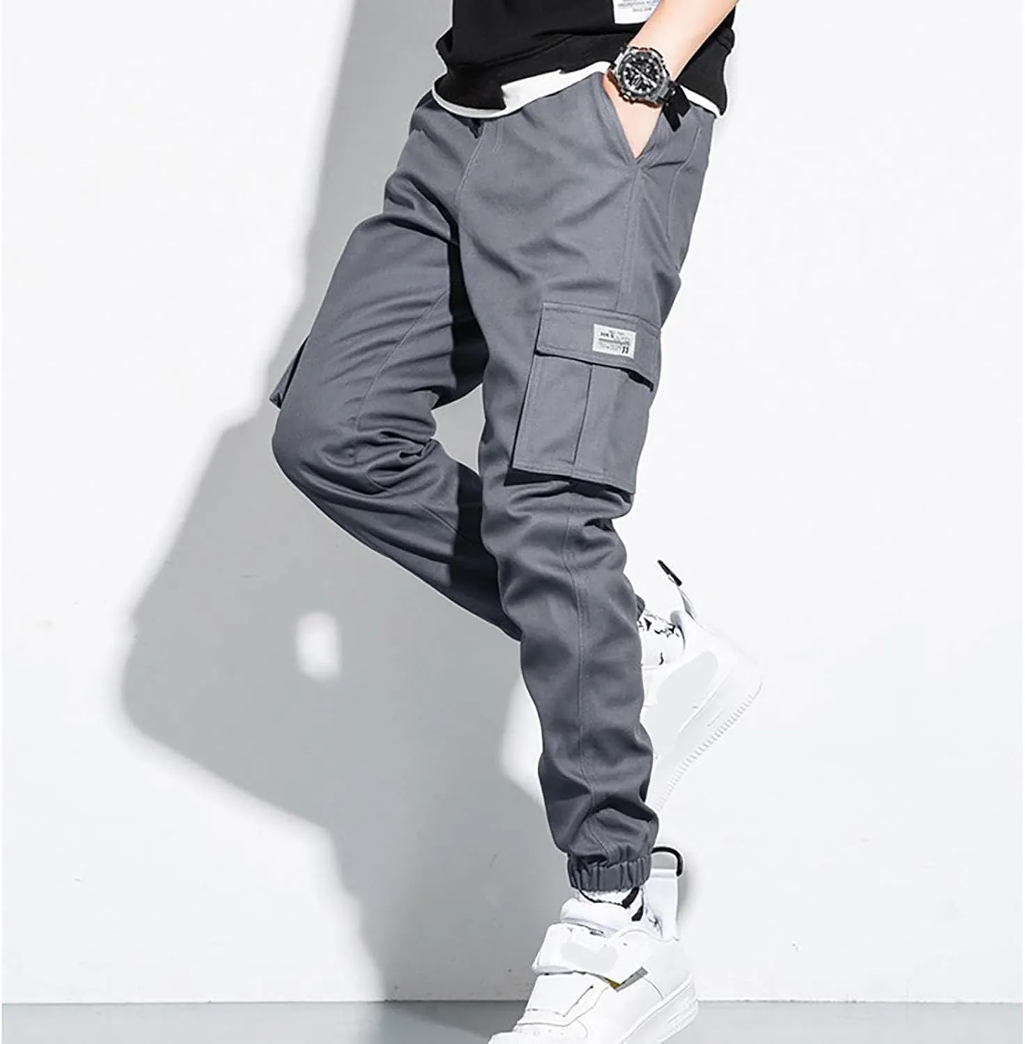 Cargo Sweatpants for Men Relaxed Fit Stretch Waist Athletic Joggers Casual Plus Size Solid Drawstring Athletic Chino Pants