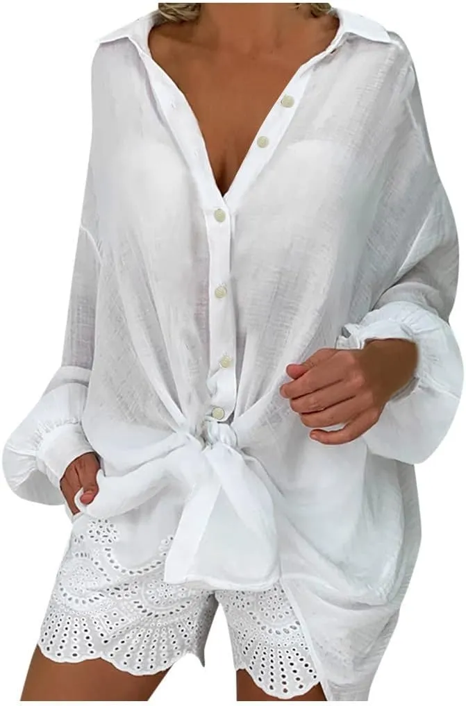 Ceboyel Women Casual Summer Gauze Tops Cotton Linen Long Sleeve Shirts Button Down Collared Blouses Trendy Ladies Outfits
