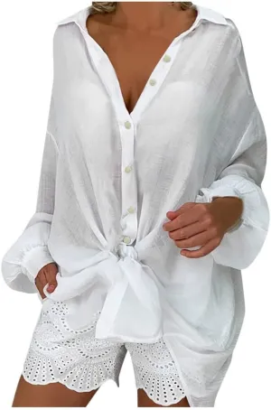 Ceboyel Women Casual Summer Gauze Tops Cotton Linen Long Sleeve Shirts Button Down Collared Blouses Trendy Ladies Outfits