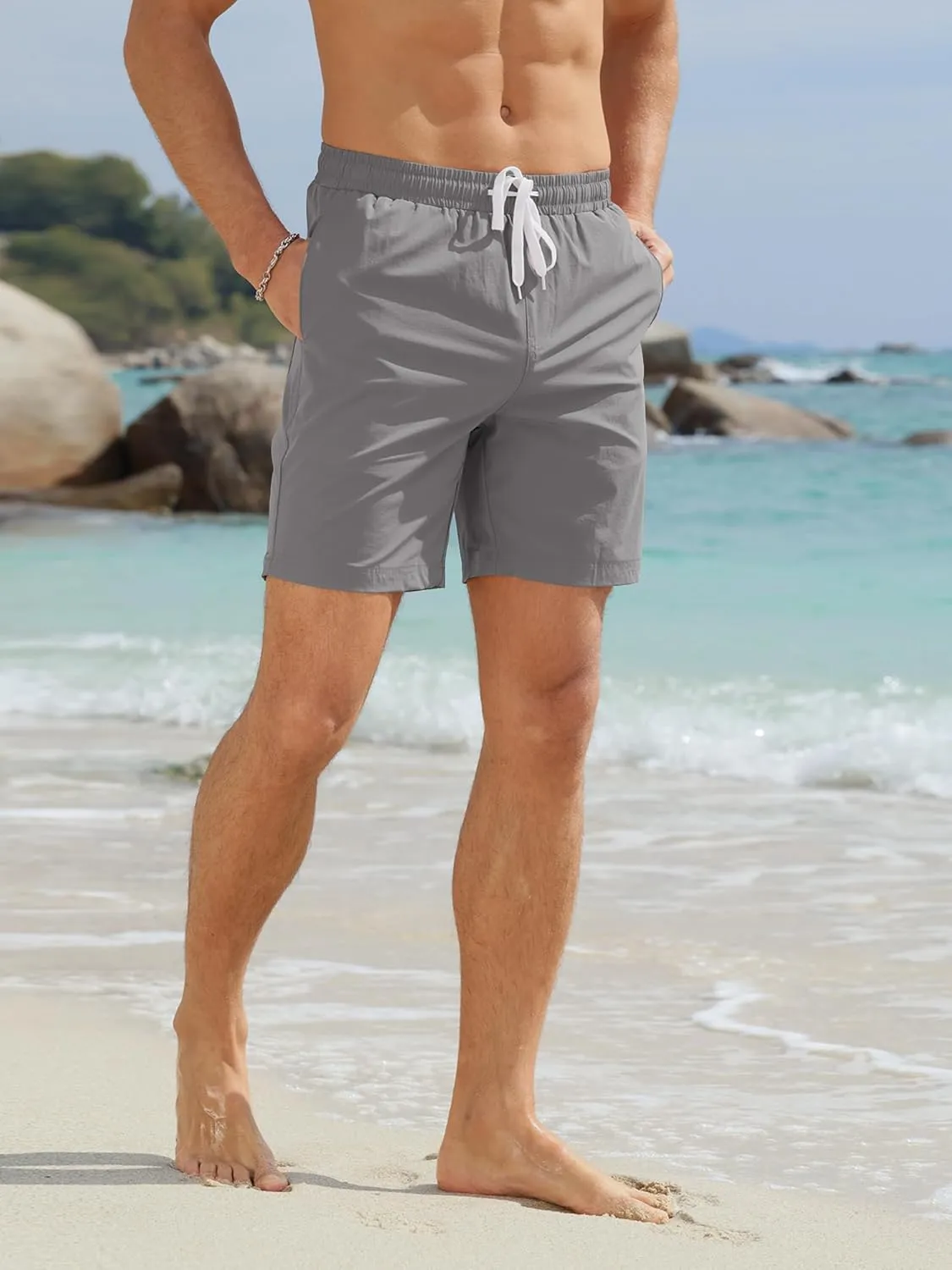 Comdecevis Men's Athletic Shorts 6" Quick-Dry 4-Way Stretch Color Block Elastic Waist Summer Beach Swimming Shorts