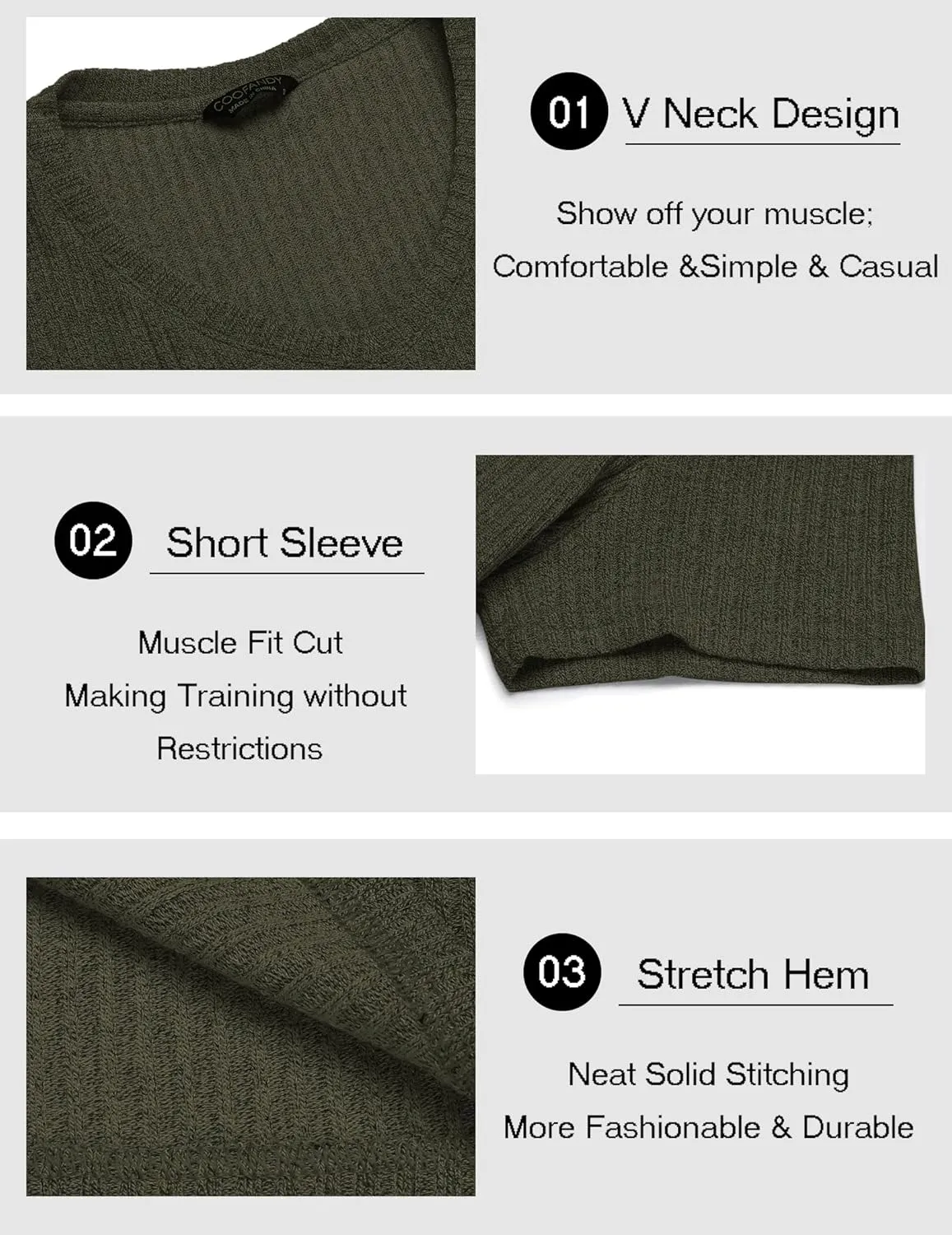 COOFANDY Men's Muscle T Shirts Stretch Short Sleeve V Neck Bodybuilding Workout Tee Shirts Ribbed Knit Shirt